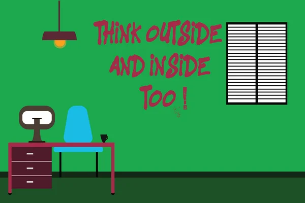 Écriture conceptuelle montrant Think Outside And Inside Too. Texte de la photo d'affaires Voir le problème sous différents angles Minimaliste Intérieur Ordinateur et zone d'étude à l'intérieur d'une pièce . — Photo