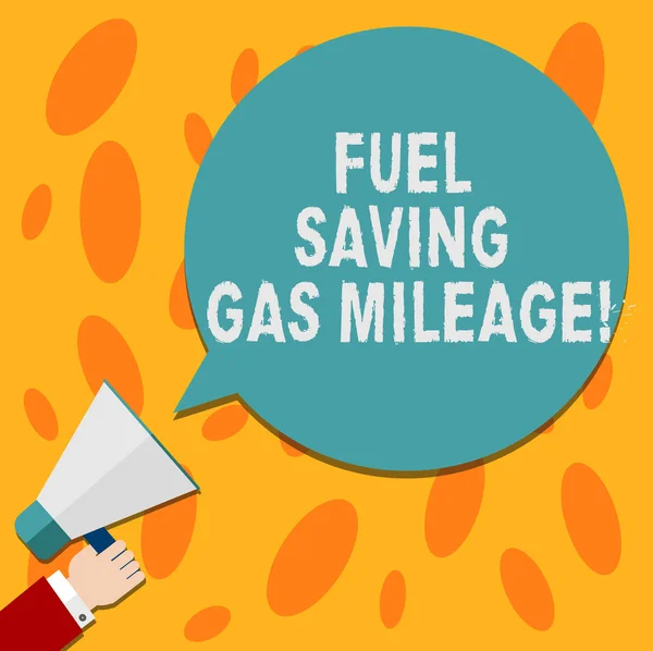 Text sign showing Fuel Saving Gas Mileage. Conceptual photo Expending less money in vehicle expenses gas savings Hu analysis Hand Holding Megaphone Blank Round Color Speech Bubble photo.