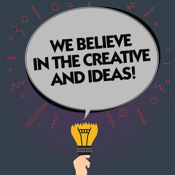 Word writing text We Believe In The Creative And Ideas. Business concept for Have faith in creativity innovation Blank Oval Color Speech Bubble Above a Broken Bulb with Failed Idea icon.