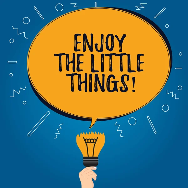 Handwriting text Enjoy The Little Things. Concept meaning Get inspired by simple details from life Motivation Blank Oval Color Speech Bubble Above a Broken Bulb with Failed Idea icon.