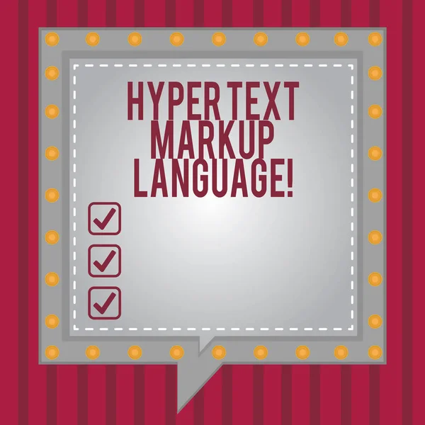 Word pisanie tekstu Hyper Text Markup Language. Koncepcja biznesowa dla standardowych języków do tworzenia stron internetowych placu mowy pęcherzyków wewnątrz innego z złamane kręgi linie jako obramowania. — Zdjęcie stockowe