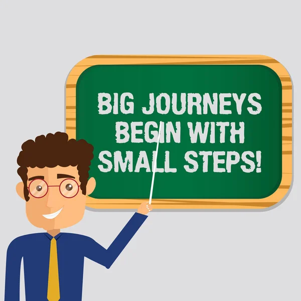 Handwriting text Big Journeys Begin With Small Steps. Concept meaning One step at a time to reach your goals Man Standing Holding Stick Pointing to Wall Mounted Blank Color Board. — Stock Photo, Image