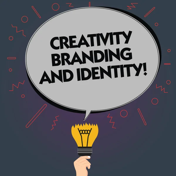 Word writing text Creativity Branding And Identity. Business concept for Marketing advertising design strategies Blank Oval Color Speech Bubble Above a Broken Bulb with Failed Idea icon.