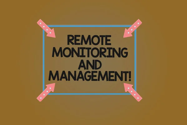 Text sign showing Remote Monitoring And Management. Conceptual photo Long distance monitor data analysisager Square Outline with Corner Arrows Pointing Inwards on Color Background. — Stock Photo, Image