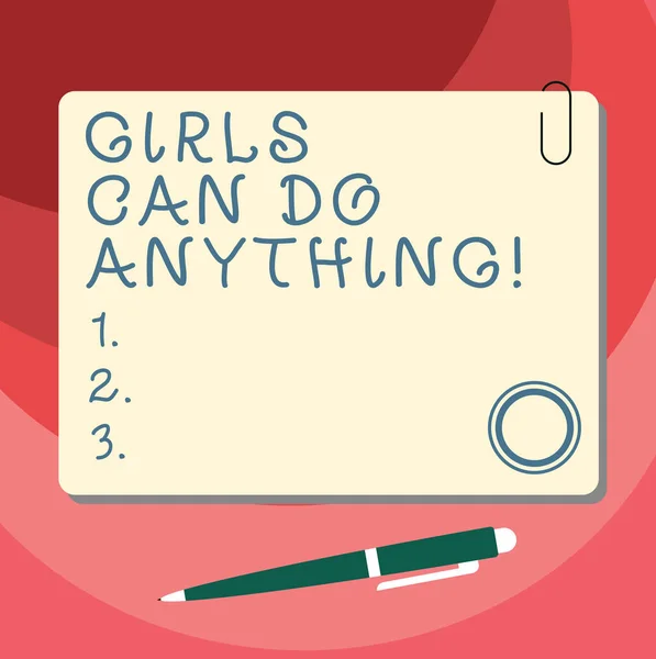 Word writing text Girls Can Do Anything. Business concept for Women power feminine empowerment leadership Blank Square Color Board with Magnet Click Ballpoint Pen Pushpin and Clip. — Stock Photo, Image