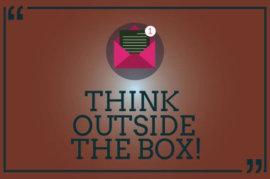 Kavramsal el dışında düşünmek belgili tanımlık kutu gösterilen yazma. İş fotoğraf vitrine benzersiz farklı fikirler getirmek açık Zarf kağıt e-posta iletisi tırnak işareti içinde beyin fırtınası.