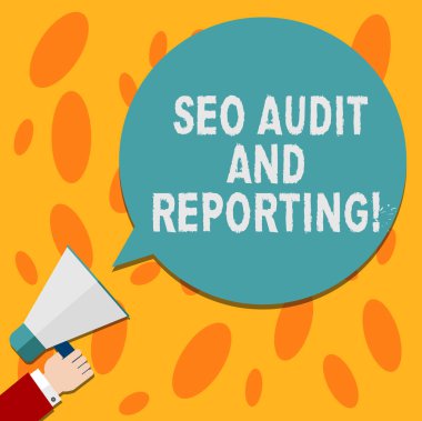 SEO Denetim ve raporlama gösterilen metin işareti. Kavramsal fotoğraf arama motoru optimizasyonu gözden geribildirim Hu analiz el elinde megafon boş yuvarlak renk konuşma balonu fotoğraf.