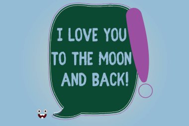 Metin yazma Word ay ve arka için seni seviyorum. Roanalysistic duygular duygular boş renk konuşma balonu özetlenen ünlem canavar yüz simgesi ile ifade etmek için iş kavramı.