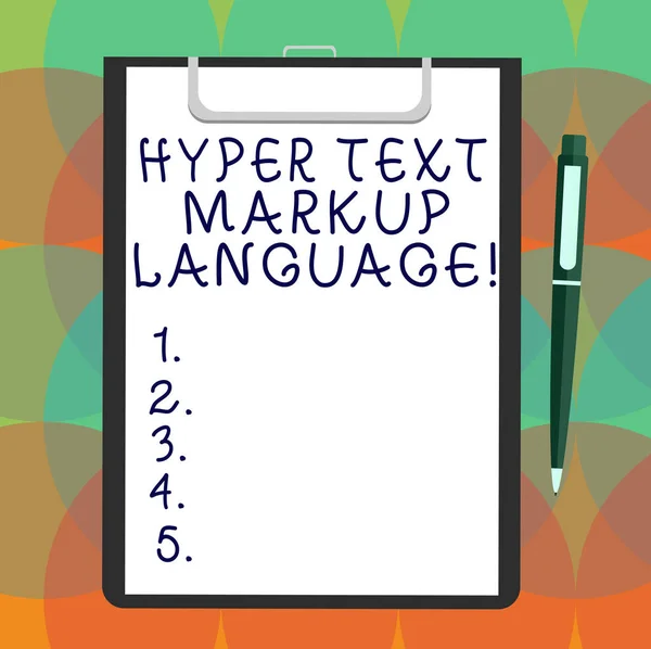 Word pisanie tekstu Hyper Text Markup Language. Koncepcja biznesowa dla standardowych języków dla Tworzenie stron internetowych pustych arkuszy papieru Bond schowku z kliknij miejsce tekst długopis. — Zdjęcie stockowe