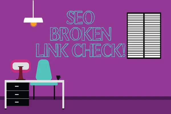 Escritura a mano de texto Seo Broken Link Check. Concepto significado Error de optimización de motores de búsqueda en enlaces a sitios web Espacio de trabajo Interior minimalista Ordenador y área de estudio Dentro de una habitación foto . —  Fotos de Stock