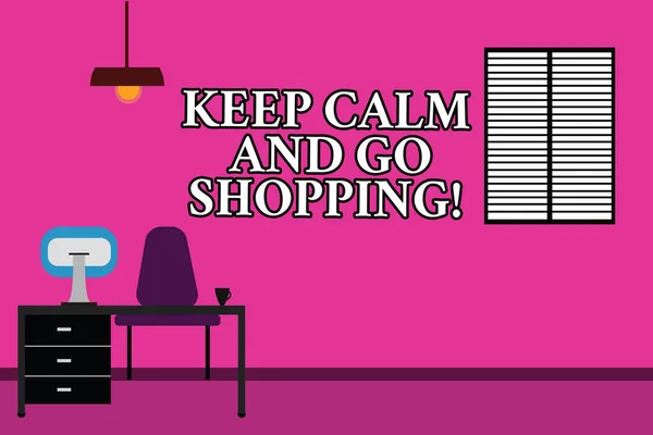 Word writing text Keep Calm And Go Shopping. Business concept for Relax leisure time relaxing by purchasing Work Space Minimalist Interior Computer and Study Area Inside a Room photo.
