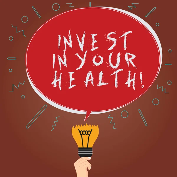 Conceptual hand writing showing Invest In Your Health. Business photo showcasing Spend money in demonstratingal healthcare Preventive Tests Oval Speech Bubble Above a Bulb with Failed Idea icon.