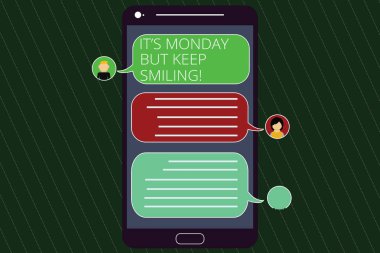 Bu S Pazartesi ama tutmak gülümseyen yazma el yazısı metin. Haftanın günü motivasyon Mobile Messenger ekranı sohbet başkanları ve boş renk konuşma balonları ile iyi bir başlangıç var anlam kavramı.