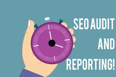 Kavramsal el SEO Denetim ve raporlama gösterilen yazma. İş fotoğraf metin arama motoru optimizasyonu gözden geribildirim Hu analiz el Holding Stop Watch Zamanlayıcı Start Stop butonu ile.