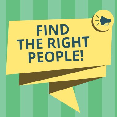 Doğru kişi bul yazma el yazısı metin. Kiralık gösteren bir yetkili için bakmak anlam kavramı uygun personel katlanmış kutlama için 3d şerit kanat megafon konuşma balonu fotoğraf.