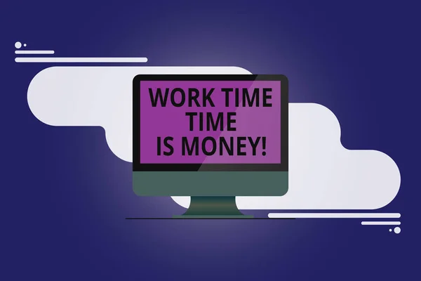 Text sign showing Work Time Time Is Money. Conceptual photo Be fast to accomplish more work efficiently Mounted Computer Monitor Blank Reflected Screen on Abstract Background.