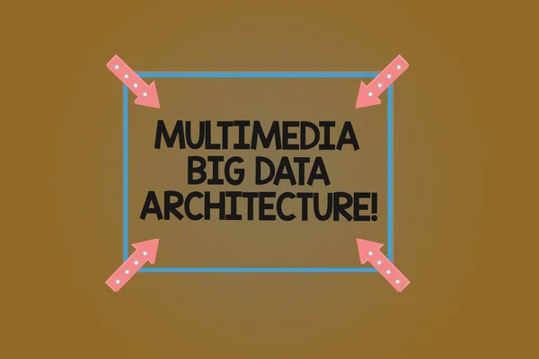 Text sign showing Multimedia Big Data Architecture. Conceptual photo Online information technology network Square Outline with Corner Arrows Pointing Inwards on Color Background.