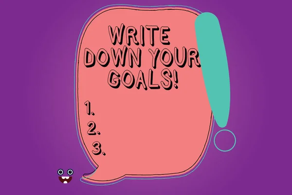 Handwriting text Write Down Your Goals. Concept meaning Make a list of your objective to stay motivated Blank Color Speech Bubble Outlined with Exclamation Point Monster Face icon. — Stock Photo, Image