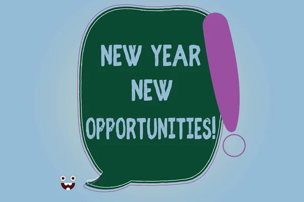 Word writing text New Year New Opportunities. Business concept for Fresh start Motivation inspiration 365 days Blank Color Speech Bubble Outlined with Exclamation Point Monster Face icon.
