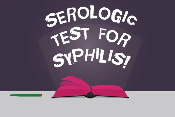 Word writing text Serologic Test For Syphilis. Business concept for Laboratory tests for sexual transmission disease Color Pages of Open Book photo on Table with Pen and Light Beam Glaring.