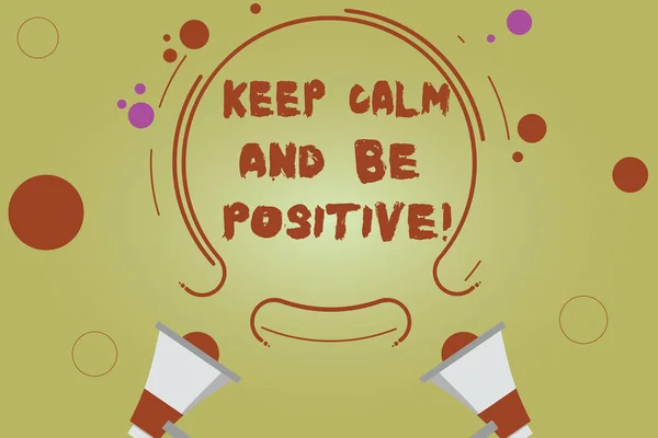 Word writing text Keep Calm And Be Positive. Business concept for Stay calmed positivity happiness smiling Two Megaphone and Circular Outline with Small Circles on Color Background.