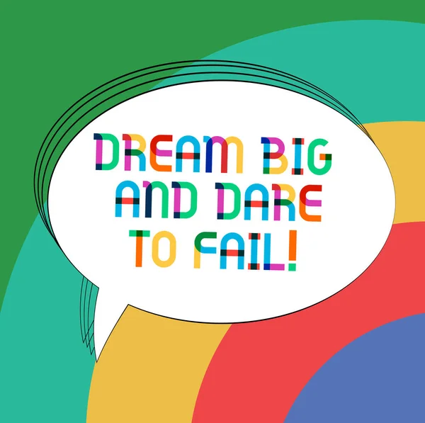 Writing note showing Dream Big And Dare To Fail. Business photo showcasing Motivation inspiration prepare to make mistakes Oval Outlined Solid Color Speech Bubble Empty Text Balloon.