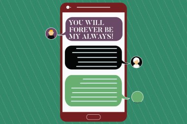 Sen olacak sonsuza kadar olmak benim her zaman gösteren Not yazma. Expressing roanalysistic duygular duygular Mobile Messenger ekranı sohbet başkanları ve boş renk konuşma balonları ile vitrine iş fotoğraf.