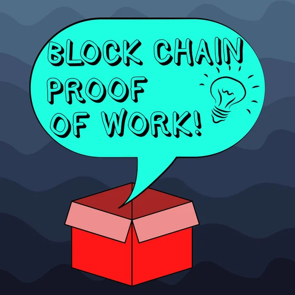 Nota di scrittura che mostra Block Chain Proof Of Work. Business photo showcase Decentralized money trading cryptocurrency Idea icon Inside Blank Halftone Speech Bubble Over an Open Carton Box . — Foto Stock