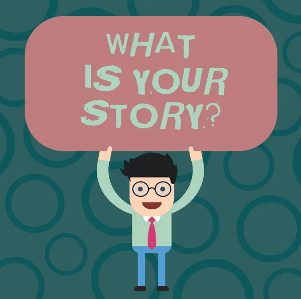 Tekst teken weergegeven: Wat Is uw Storyquestion. Conceptuele foto vertellen ons uw achtergrond en leven ervaringen Man Standing Holding boven zijn hoofd leeg rechthoekig gekleurde bord. — Stockfoto