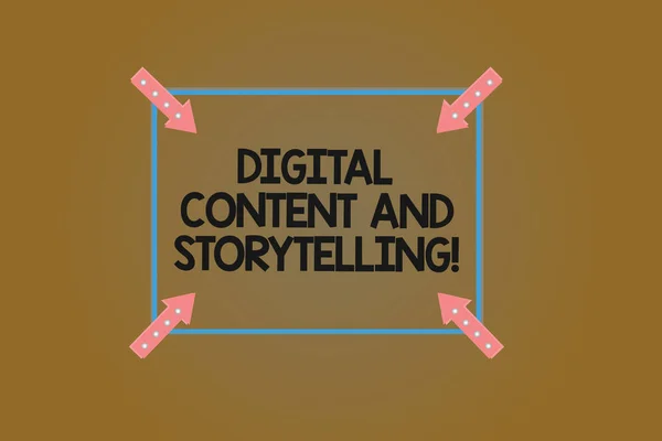 Text sign showing Digital Content And Storytelling. Conceptual photo Marketing advertising optimization strategy Square Outline with Corner Arrows Pointing Inwards on Color Background.