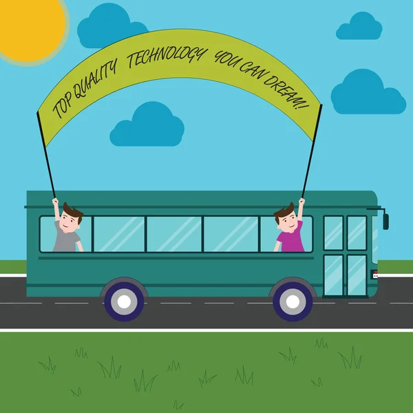 Segno di testo che mostra la tecnologia di alta qualità che puoi sognare. Foto concettuale Best modern technology features Two Kids Inside School Bus Holding Out Banner with Stick on a Day Trip . — Foto Stock