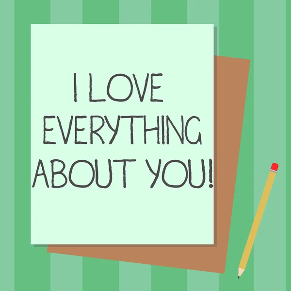 Écriture conceptuelle montrant I Love Everything About You. Texte de la photo d'affaires Expression de sentiments et d'émotions roanalysistes Empilement de différentes couleurs pastel Construire un crayon de papier de lien . — Photo