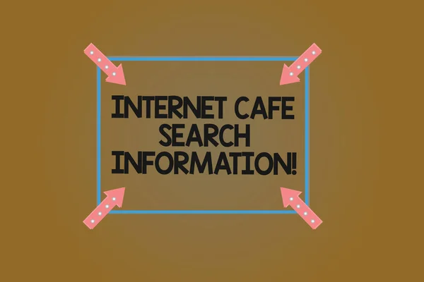 Text sign showing Internet Cafe Search Information. Conceptual photo Online researching browsing in the web Square Outline with Corner Arrows Pointing Inwards on Color Background.