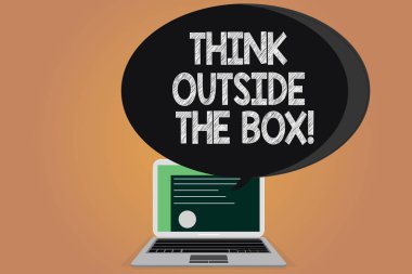 Dış belgili tanımlık kutu düşünüyorum gösterilen Not yazma. İş fotoğraf vitrine benzersiz farklı fikirler getirmek sertifika düzen Laptop ekran ve yarı ton konuşma balonu üzerinde beyin fırtınası