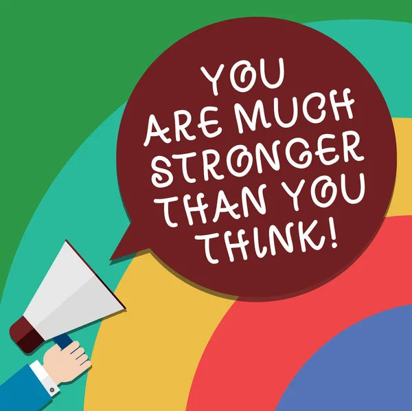 Handwriting text You Are Much Stronger Than You Think. Concept meaning Motivation believe in yourself Hu analysis Hand Holding Megaphone Blank Round Color Speech Bubble photo.