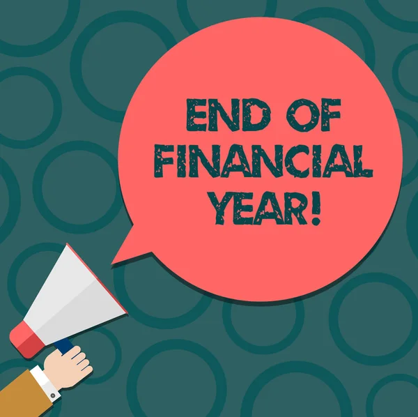 Text sign showing End Of Financial Year. Conceptual photo Revise and edit accounting sheets from previous year Hu analysis Hand Holding Megaphone Blank Round Color Speech Bubble photo. — Stock Photo, Image