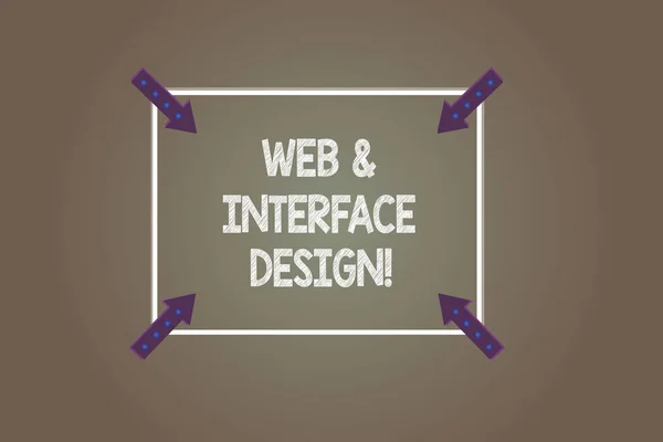 Signo de texto que muestra Diseño Web y de Interfaz. Foto conceptual Diseñadores de sitios web en línea que desarrollan esquemas cuadrados con flechas de esquina que apuntan hacia adentro en el fondo de color . —  Fotos de Stock