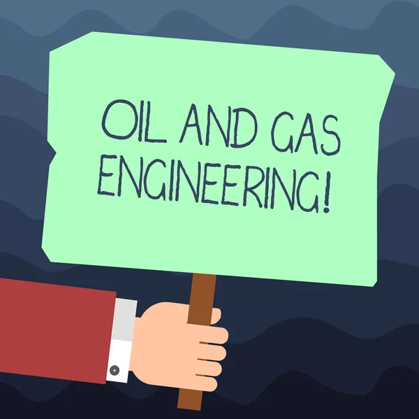 Text sign showing Oil And Gas Engineering. Conceptual photo Petroleum company industrial process engineer Hu analysis Hand Holding Blank Colored Placard with Stick photo Text Space. — Stock Photo, Image