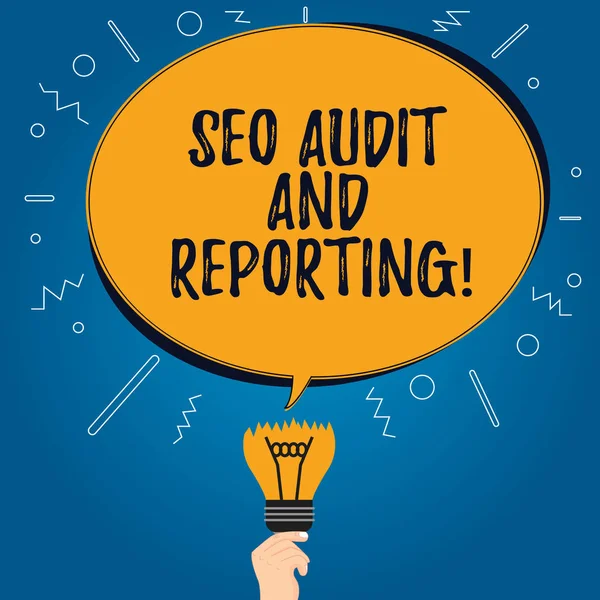 Handgeschreven tekst Seo Audit en rapportage. Begrip betekenis van Search Engine Optimization beoordeling feedback lege ovaal kleur toespraak Bubble boven een gebroken lamp met mislukte idee pictogram. — Stockfoto