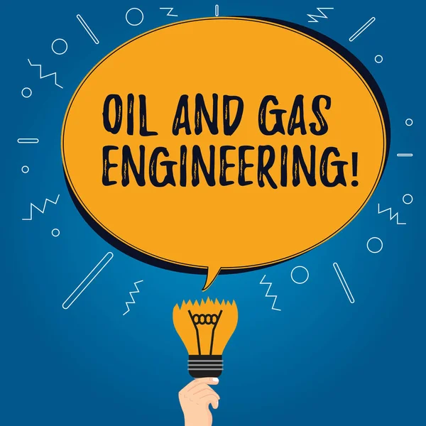 Handwriting text Oil And Gas Engineering. Concept meaning Petroleum company industrial process engineer Blank Oval Color Speech Bubble Above a Broken Bulb with Failed Idea icon.