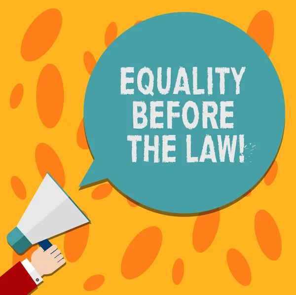 Text sign showing Equality Before The Law. Conceptual photo Justice balance protection equal rights for everyone Hu analysis Hand Holding Megaphone Blank Round Color Speech Bubble photo.