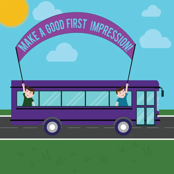 Text sign showing Make A Good First Impression. Conceptual photo Introduce yourself in a great look and mood Two Kids Inside School Bus Holding Out Banner with Stick on a Day Trip. — Stock Photo, Image
