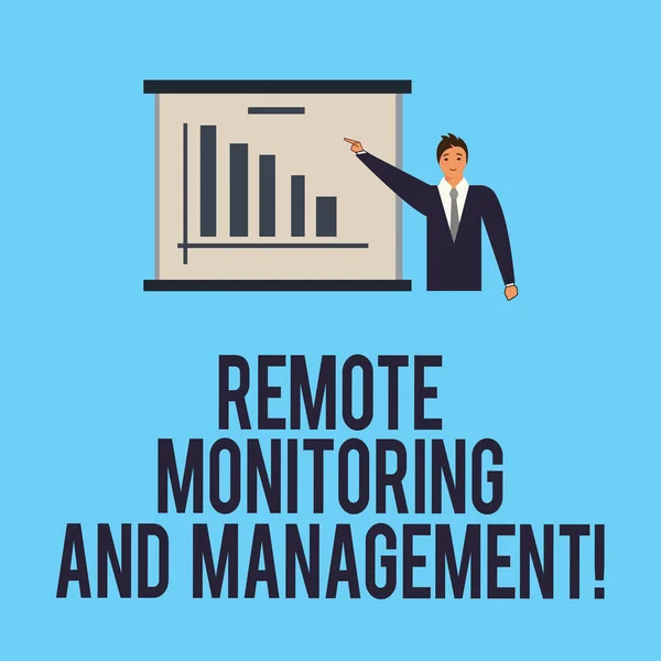 Word writing text Remote Monitoring And Management. Business concept for Long distance monitor data analysisager Man in Business Suit Standing Pointing a Board with Bar Chart Copy Space.