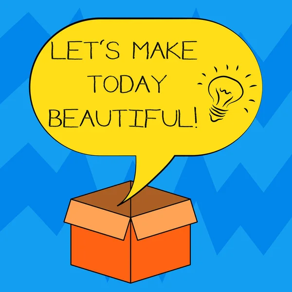 Текстовый знак, показывающий Let S Is Make Today Beautiful. Концептуальные фото Хорошего дня икона вдохновения Идея внутри пустой полутоновой речи пузырь над открытой коробке картона . — стоковое фото
