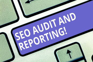 SEO Denetim ve raporlama gösterilen metin işareti. Kavramsal fotoğraf arama motoru optimizasyonu gözden geribildirim klavye tuşuna basarak tuş takımı fikir bilgisayar ileti oluşturmak için niyet.
