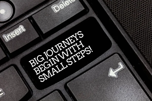 Handwriting text writing Big Journeys Begin With Small Steps. Concept meaning One step at a time to reach your goals Keyboard key Intention to create computer message pressing keypad idea. — Stock Photo, Image