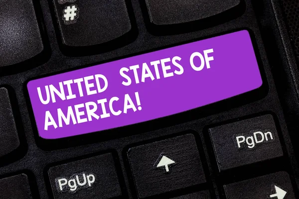 Handwriting text United States Of America. Concept meaning Country in the north Capital Washington DC Keyboard key Intention to create computer message pressing keypad idea. — Stock Photo, Image