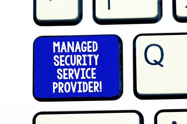 Conceptual hand writing showing Managed Security Service Provider. Business photo showcasing Safety data technology analysisagement Keyboard Intention to create computer message keypad idea.