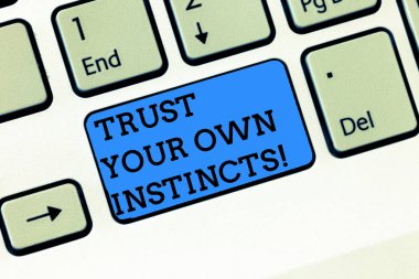 Metin Your kendi içgüdüleri güven yazılı kelime. İş kavramı için sezgisel takip demonstratingal duygularını güven klavye tuşuna basarak tuş takımı fikir bilgisayar iletisi oluşturmak için niyet.