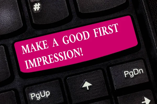 Conceptual hand writing showing Make A Good First Impression. Business photo showcasing Introduce yourself in a great look and mood Keyboard key Intention to create computer message idea.